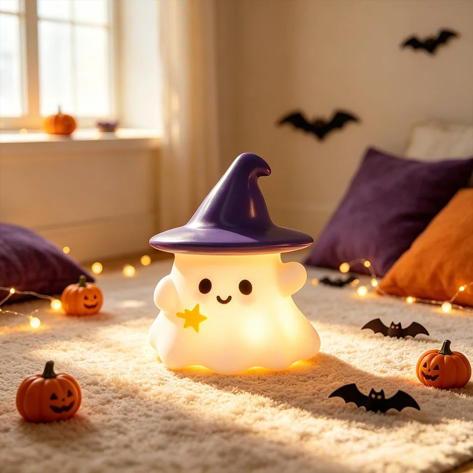 Lampe LED en silicone en forme de chapeau de sorcière fantôme mignon d'Halloween, veilleuse citrouille, ornement de bureau, décoration d'ambiance pour fête à domicile, cadeau de vacances
