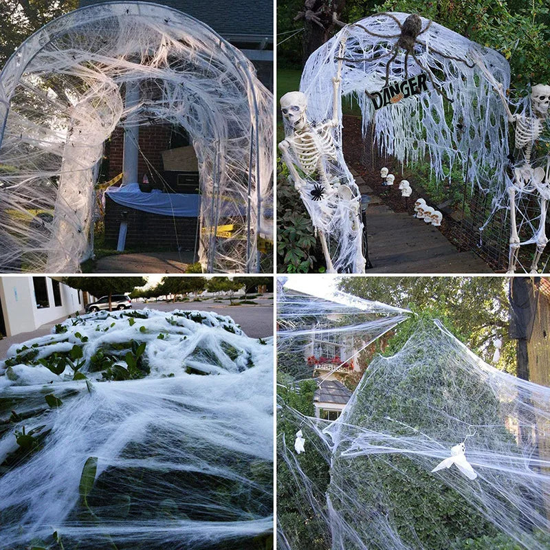 Toile d'araignée artificielle, décoration d'halloween, accessoires de scène de fête effrayants, toile d'araignée extensible blanche, accessoires de décoration pour maison d'horreur