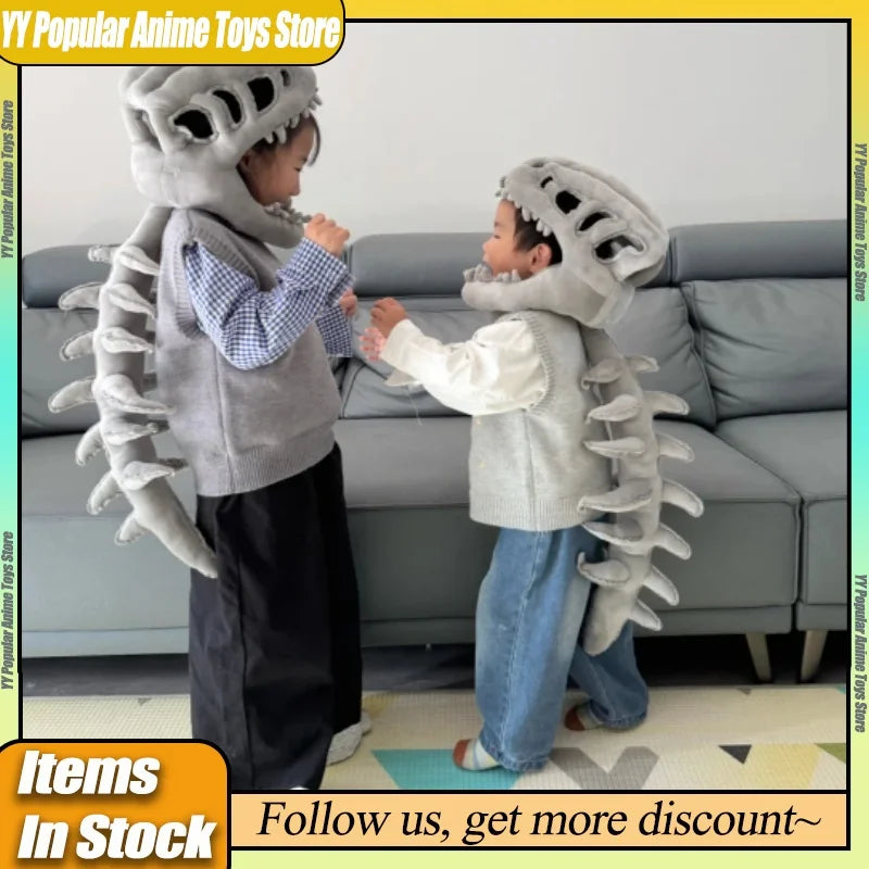 En stock : Ensemble de costume de squelette de dinosaure 3D réaliste, avec accessoire de tête amusant et tendance, vêtements en peluche de collection pour cosplay et déguisement, cadeau d'anniversaire