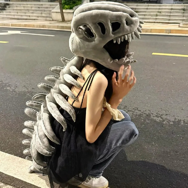 En stock : Ensemble de costume de squelette de dinosaure 3D réaliste, avec accessoire de tête amusant et tendance, vêtements en peluche de collection pour cosplay et déguisement, cadeau d'anniversaire