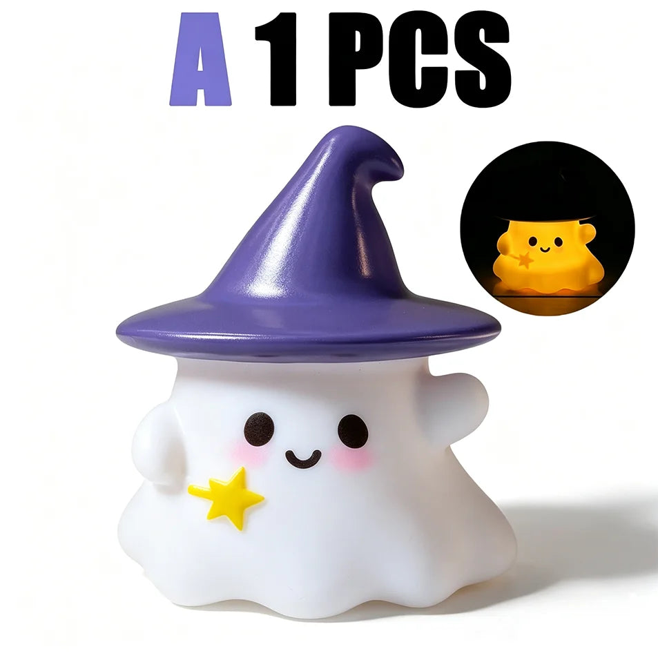 Lampe LED en silicone en forme de chapeau de sorcière fantôme mignon d'Halloween, veilleuse citrouille, ornement de bureau, décoration d'ambiance pour fête à domicile, cadeau de vacances