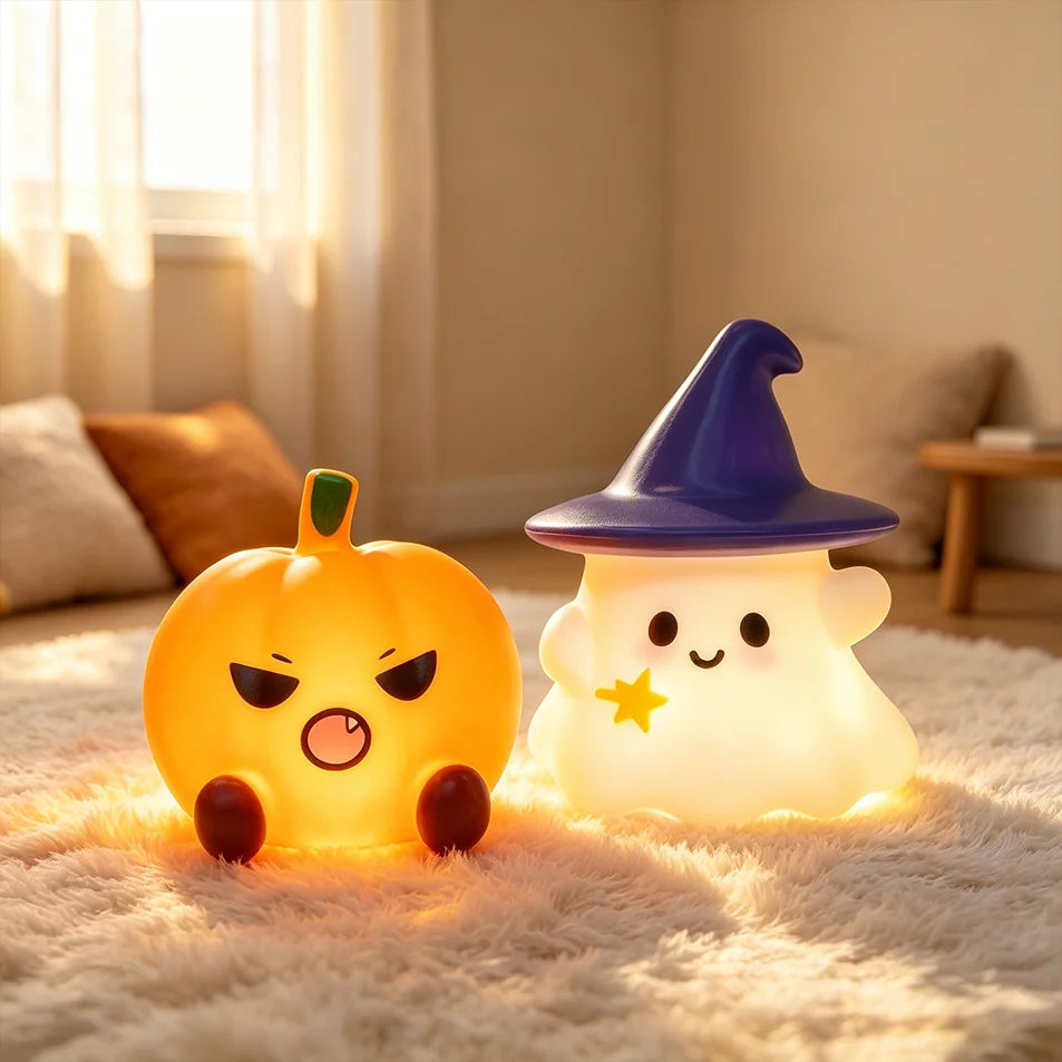 Lampe LED en silicone en forme de chapeau de sorcière fantôme mignon d'Halloween, veilleuse citrouille, ornement de bureau, décoration d'ambiance pour fête à domicile, cadeau de vacances