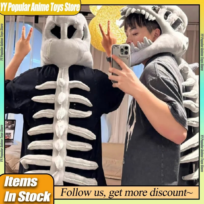 En stock : Ensemble de costume de squelette de dinosaure 3D réaliste, avec accessoire de tête amusant et tendance, vêtements en peluche de collection pour cosplay et déguisement, cadeau d'anniversaire