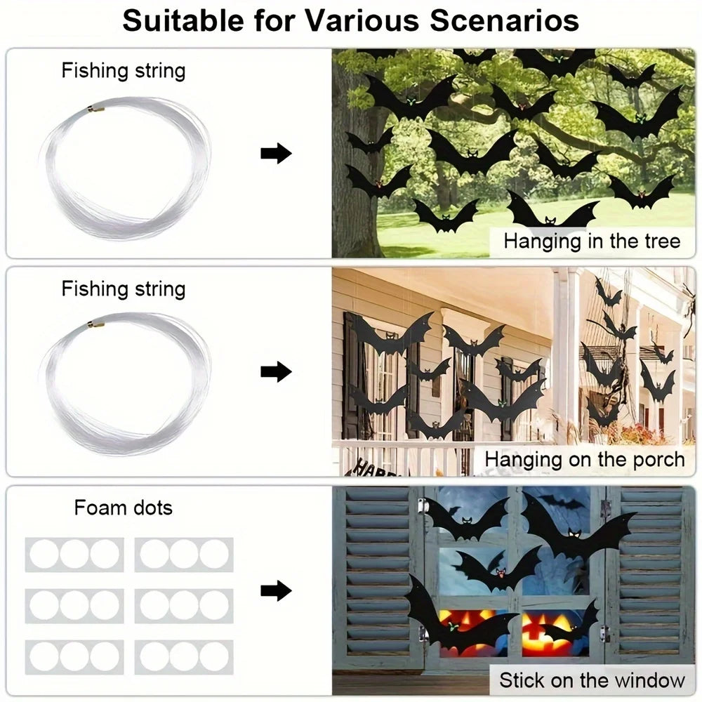 12 pièces chauves-souris suspendues Halloween décor extérieur grandes chauves-souris volantes en plastique 3 tailles accrocher sur les arbres Porches Yards Pelouse Halloween à l'intérieur
