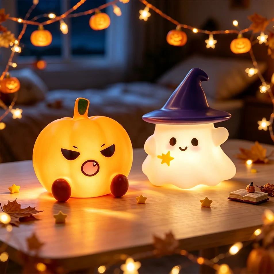 Lampe LED en silicone en forme de chapeau de sorcière fantôme mignon d'Halloween, veilleuse citrouille, ornement de bureau, décoration d'ambiance pour fête à domicile, cadeau de vacances