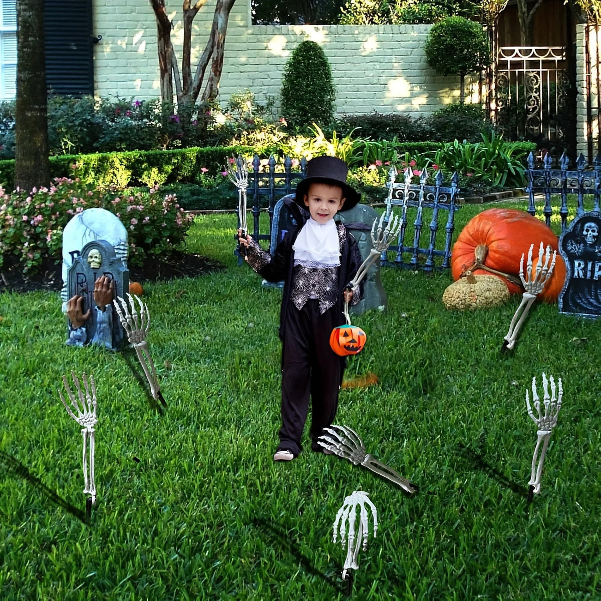 Piquets de sol de jardin en os de squelette, tête de crâne et main pour Halloween, insertion de sol de cour de maison, décor de fête de vacances, main fantôme, 1/6 pièces