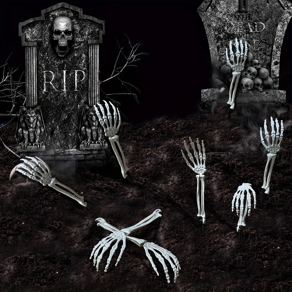 Piquets de sol de jardin en os de squelette, tête de crâne et main pour Halloween, insertion de sol de cour de maison, décor de fête de vacances, main fantôme, 1/6 pièces