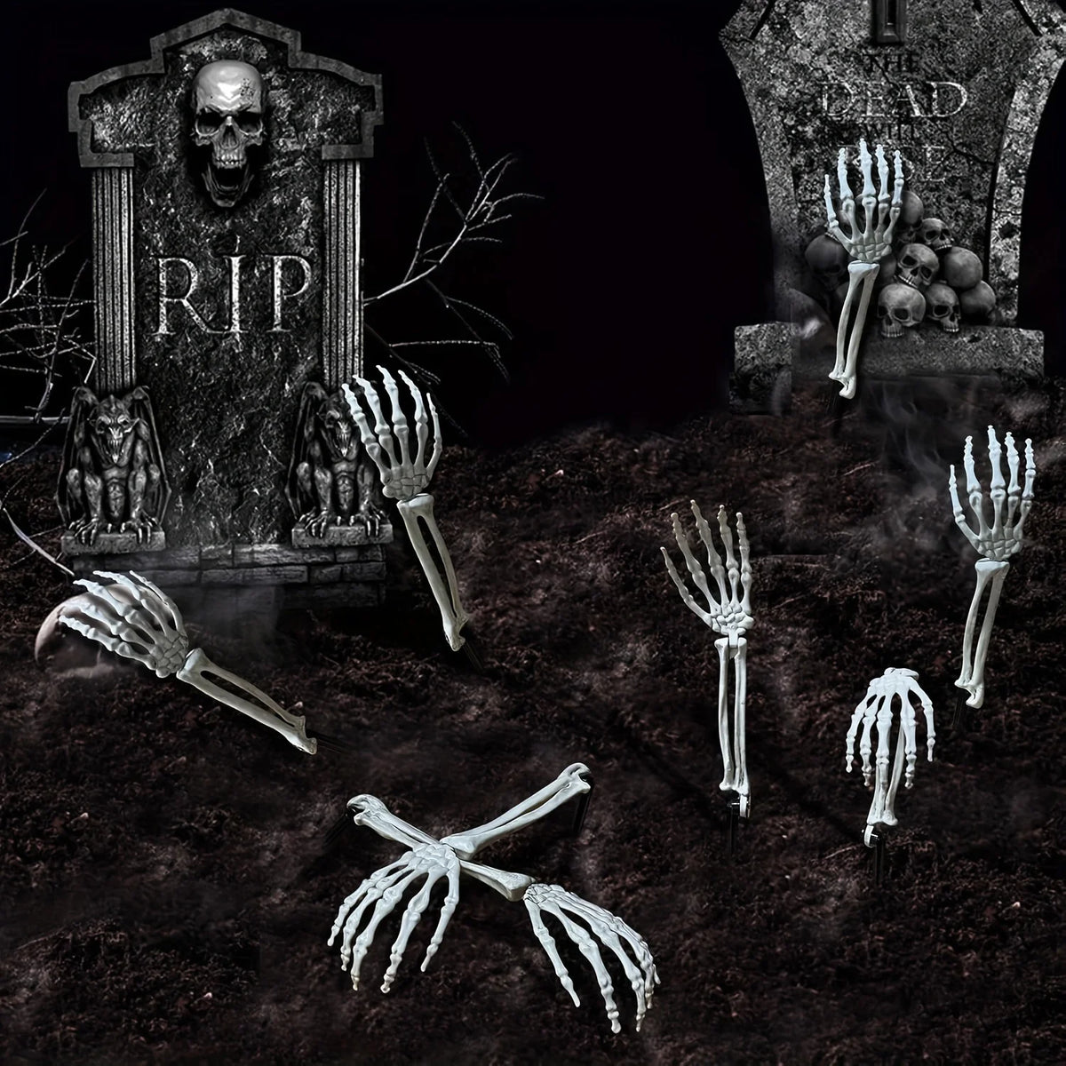 Piquets de sol de jardin en os de squelette, tête de crâne et main pour Halloween, insertion de sol de cour de maison, décor de fête de vacances, main fantôme, 1/6 pièces
