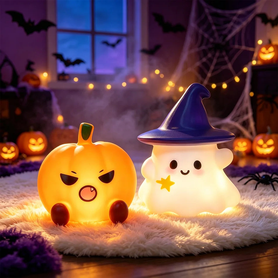 Lampe LED en silicone en forme de chapeau de sorcière fantôme mignon d'Halloween, veilleuse citrouille, ornement de bureau, décoration d'ambiance pour fête à domicile, cadeau de vacances
